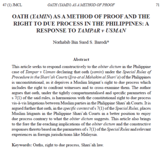 Oath (Yamin) as a Method of Proof and the Right to Due Process in the Philippines: A Response to Tampar v Usman