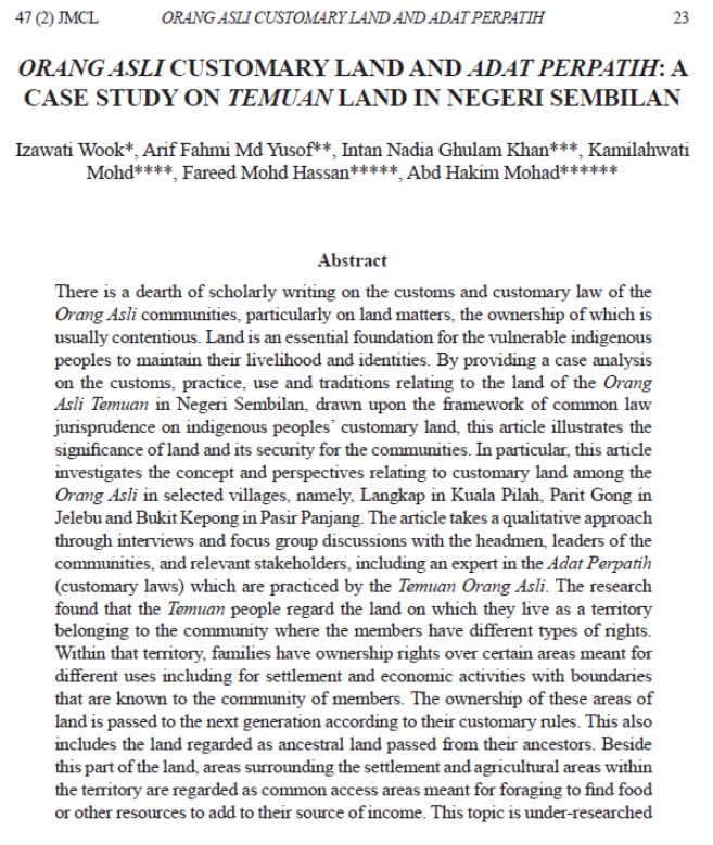 Orang Asli Customary Land and Adat Perpatih: A Case Study on Temuan Land in Negeri Sembilan