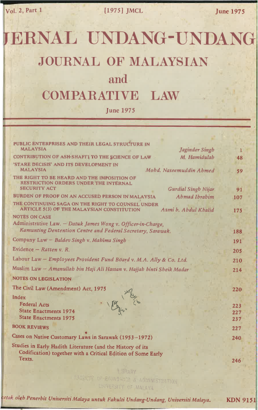 Journal of Malaysian and Comparative Law Vol 2 Part 1 1975