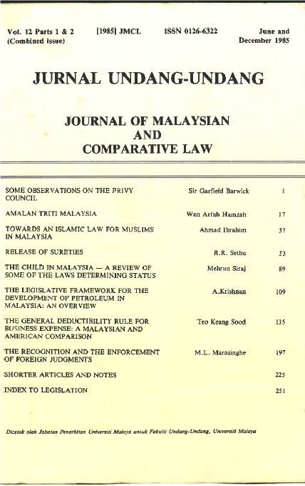 					View Vol. 12 (1985): Journal of Malaysian and Comparative Law
				