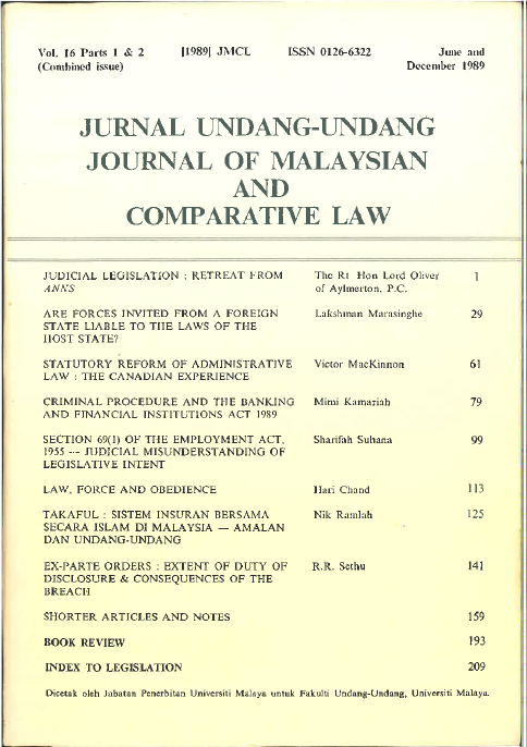 Vol 16 1989 Journal Of Malaysian And Comparative Law Journal Of Malaysian And Comparative Law