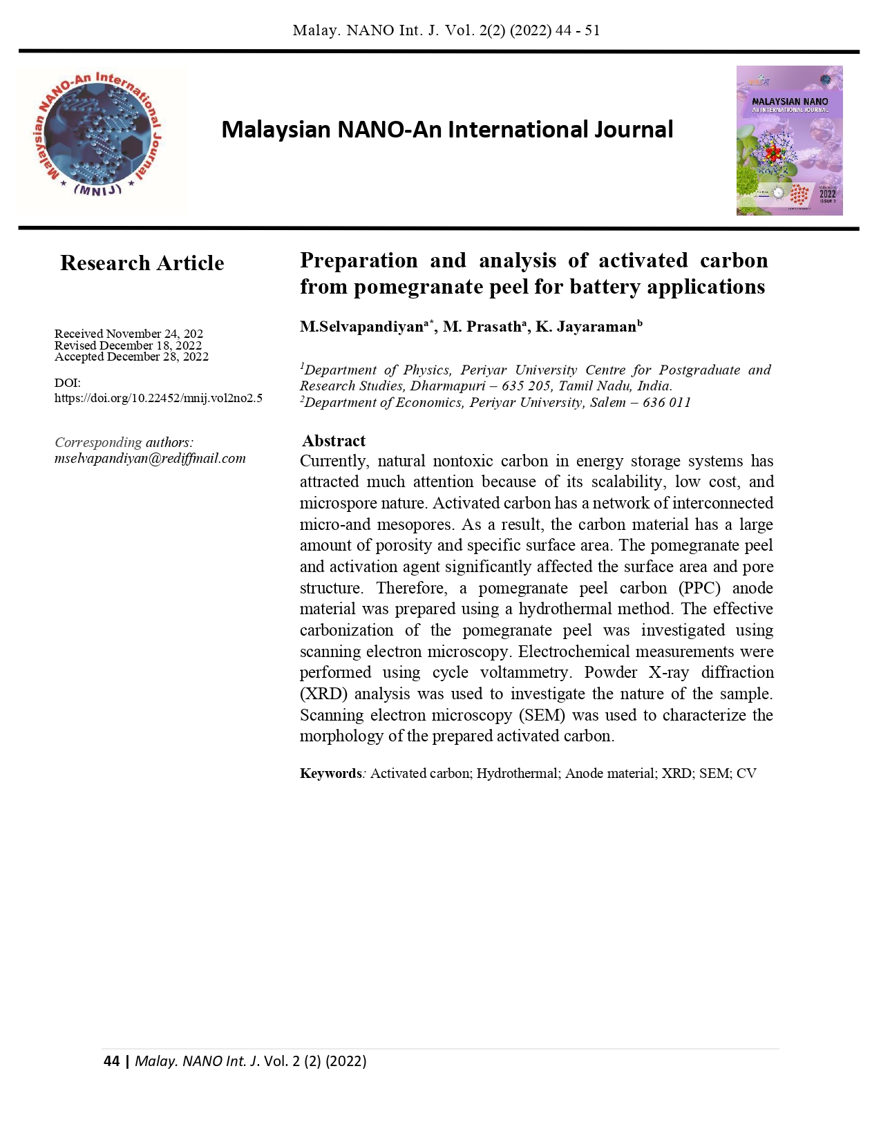 Preparation and analysis of activated carbon  from pomegranate peel for battery applications