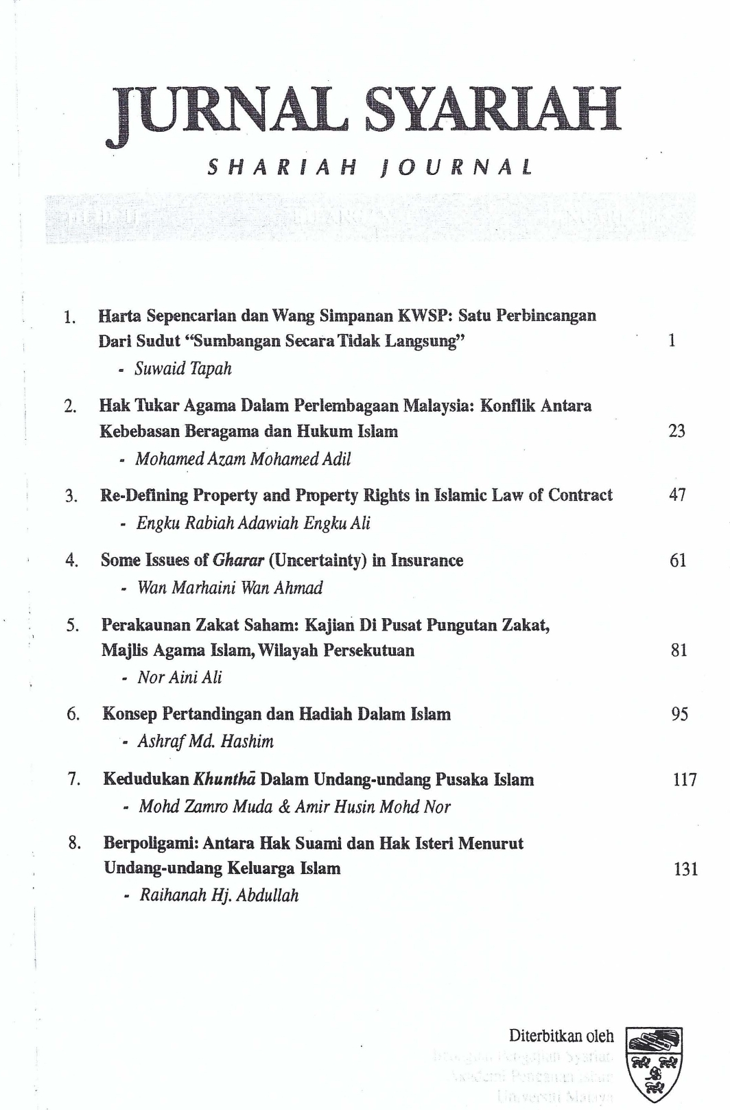 					View Vol. 11 No. 1 (2003): Jurnal Syariah
				
