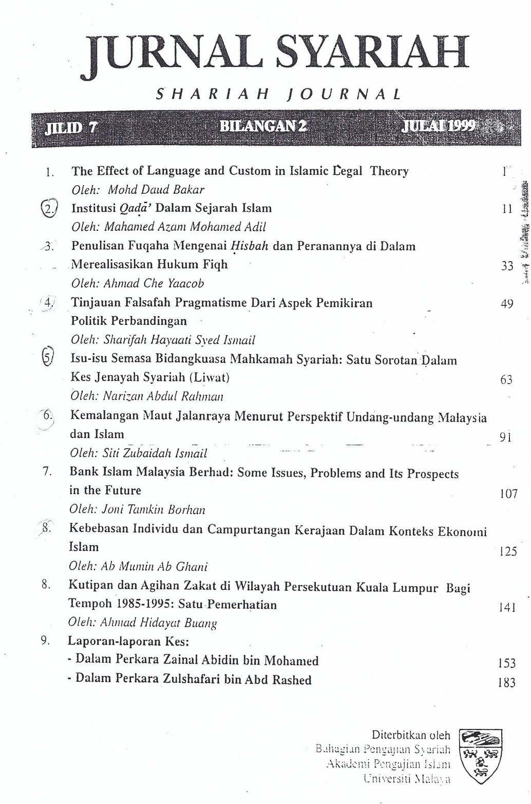 					View Vol. 7 No. 2 (1999): Jurnal Syariah
				