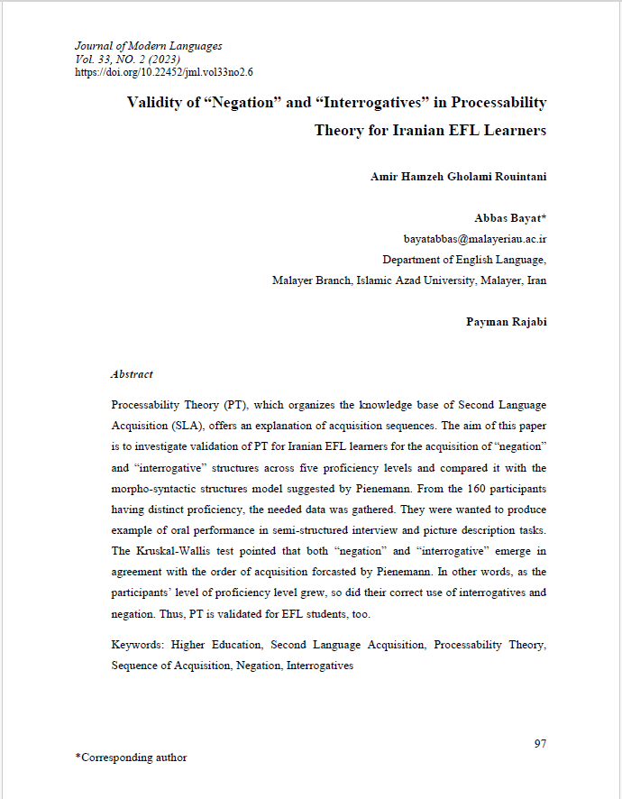 Validity of “Negation” and “Interrogatives” in Processability Theory for Iranian EFL Learners