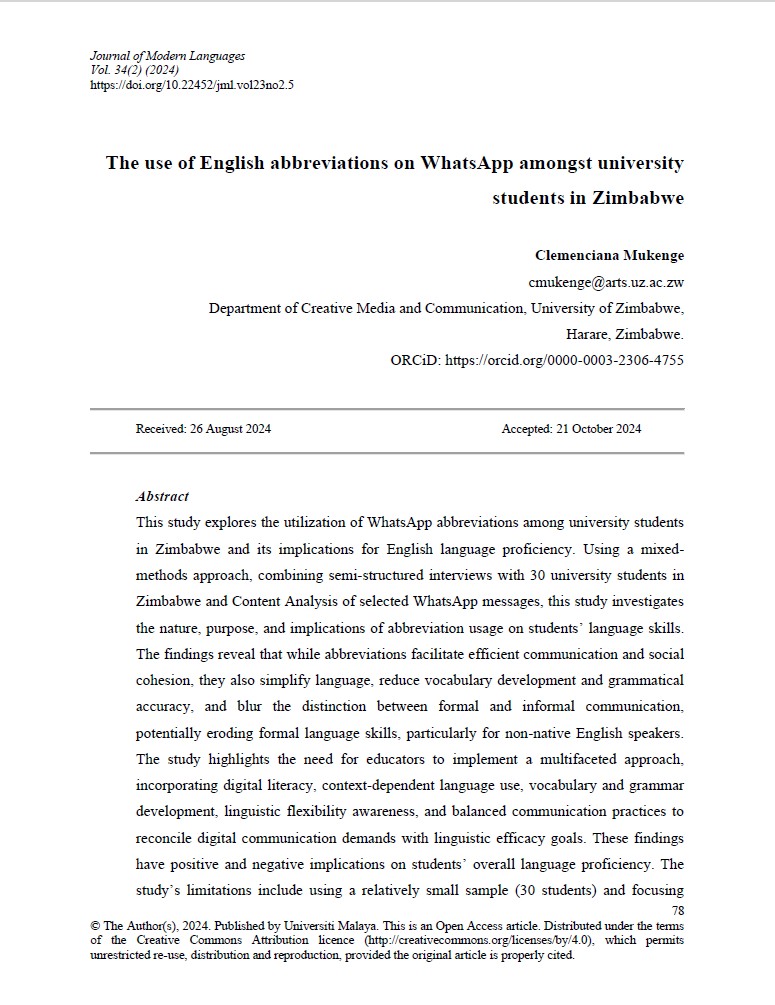 The use of English abbreviations on WhatsApp amongst university students in Zimbabwe